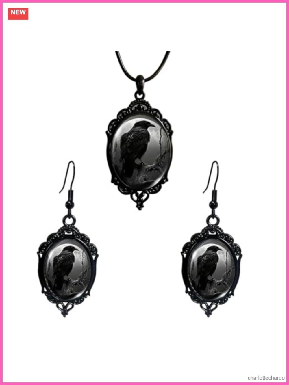 Gothic Raven Halloween Jewelry Set Necklace Earrings